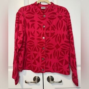 Chico’s Vintage Burnout Jacket Pink Red Mandarin Collar Button Front Size 2